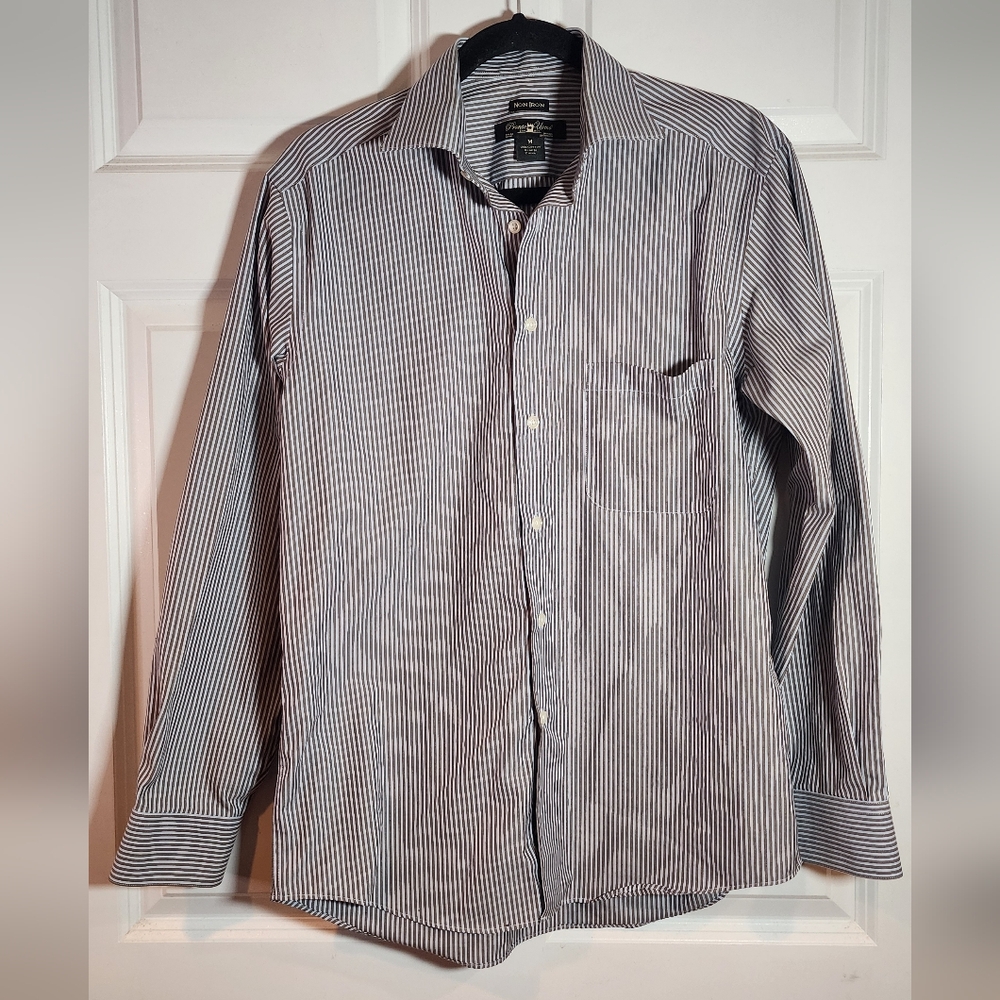 Pronto Uomo Non Iron Cotton Brown Gray Striped Button Up Dress Shirt M